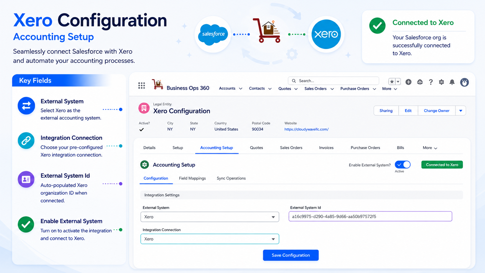 Xero Configuration – Accounting Setup screen in Cloudy Business Ops 360