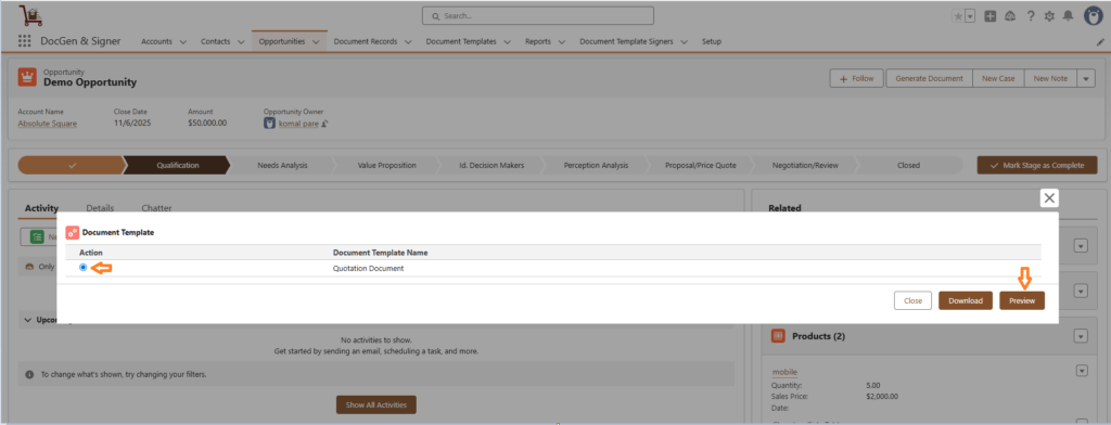 Generate Document Using Lightning Experience 22